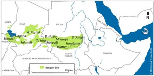 خريطة "حزام البقارة" الذي يمثل انتشار بطون قبيلة البقارة العربية (تنحدر من عرب جهينة) في السودان وتشاد والنيجر ونيجيريا وأفريقيا الوسطى